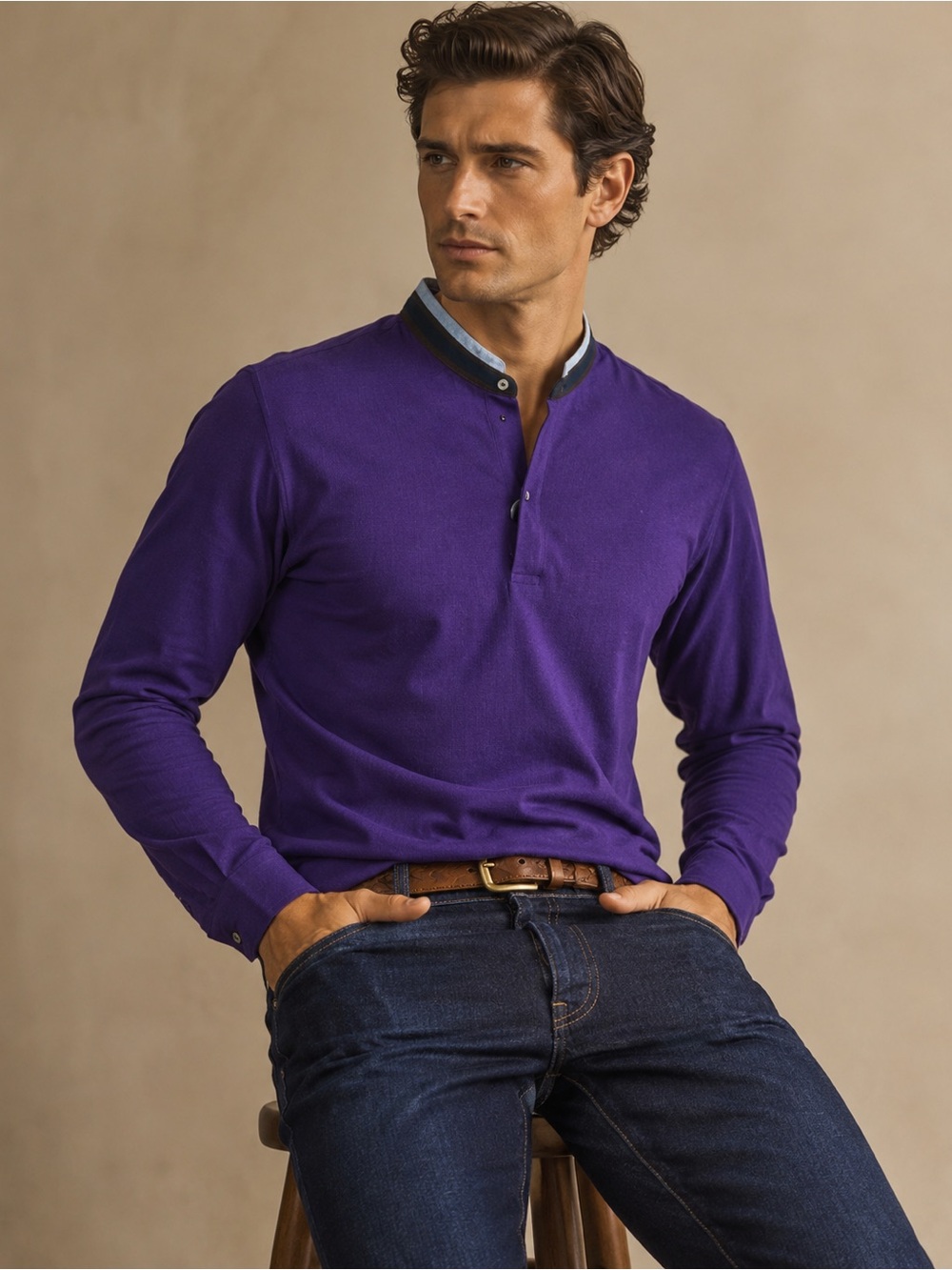 Massimo Dutti Purple Polo Shirt L 40 Long Sleeve Cotton Blue Trim NWT $925